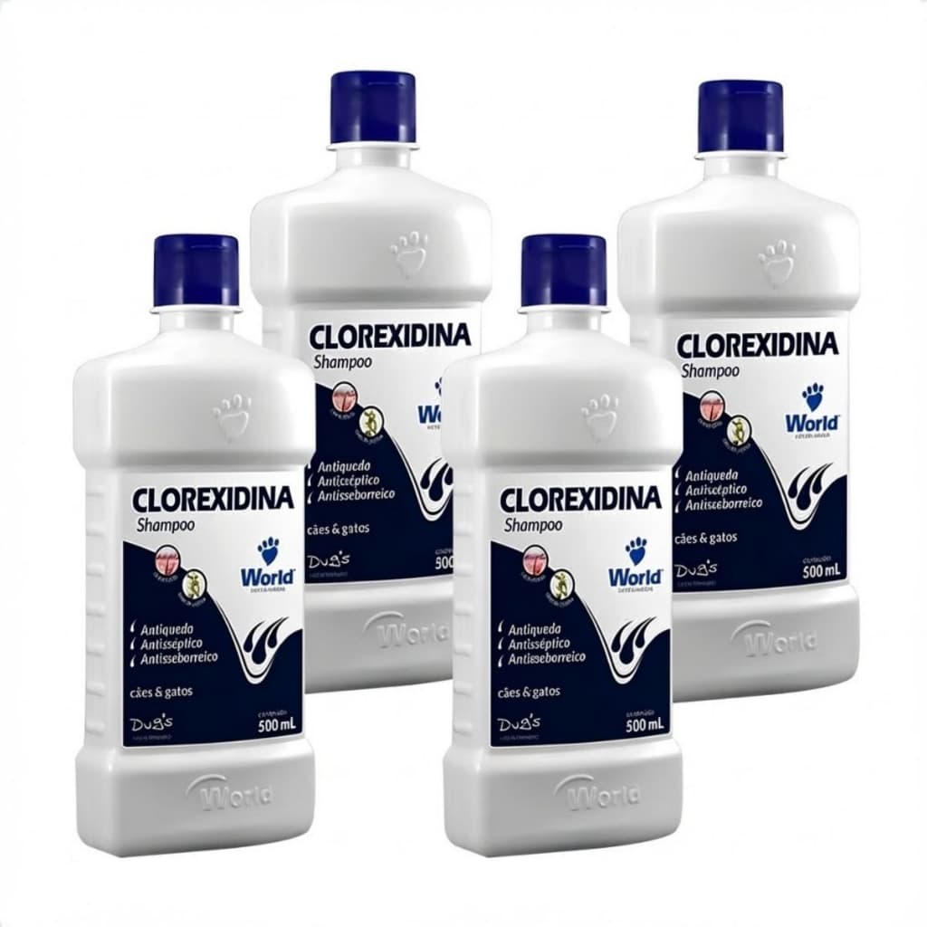 Kit 4 Shampoo Clorexidina 500ml Cães Antisséptico Dermatológico Seborreia Coceira Anti Queda Pet Com 4 Unidades