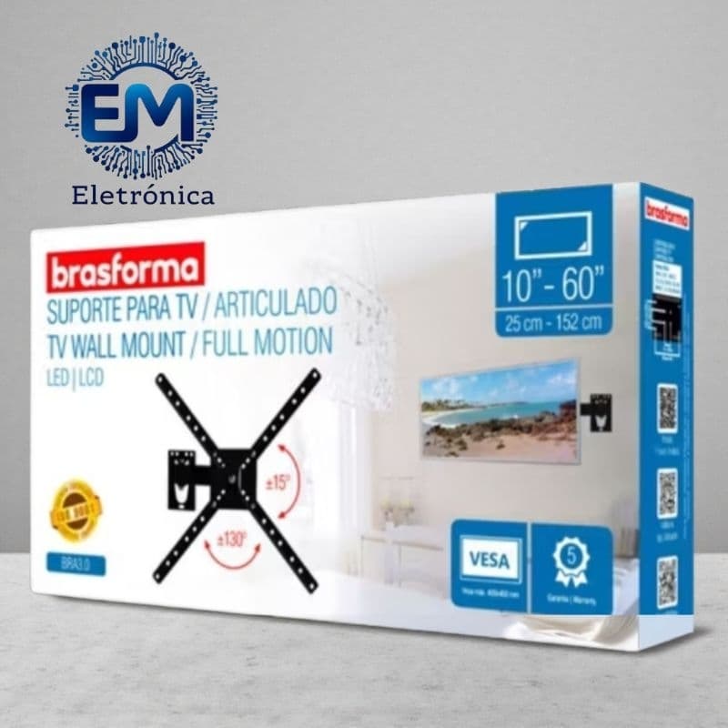 Suporte Articulado para TV 10” a 60” Brasforma Full Motion LED LCD VESA Inclinação ±15° Giro ±130°