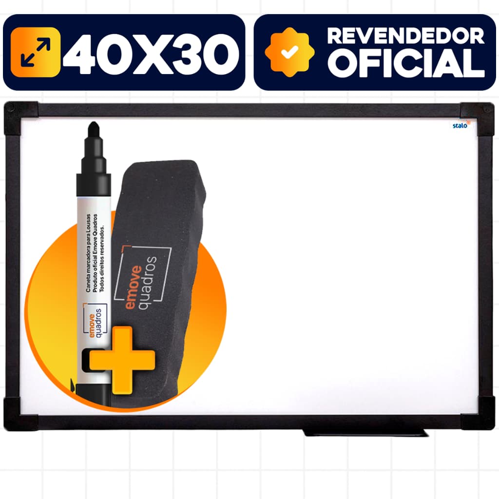 Lousa Quadro Branco 40x30cm Moldura Soft Preto Caneta Apagador