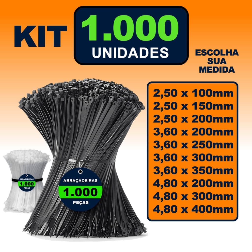 Kit 1000 Abraçadeiras Cinta Nylon Plástica Presilha Enforca Gato Hellerman Branco Preto Várias Medidas