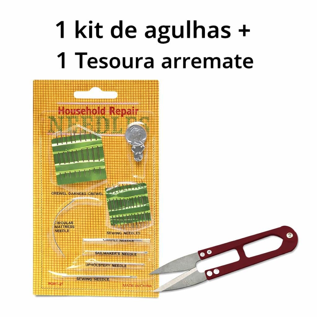 Kit de Costura – 1 Kit de Agulhas com 5 tamanhos e 1 passador de linha + 1 Tesoura de Arremate