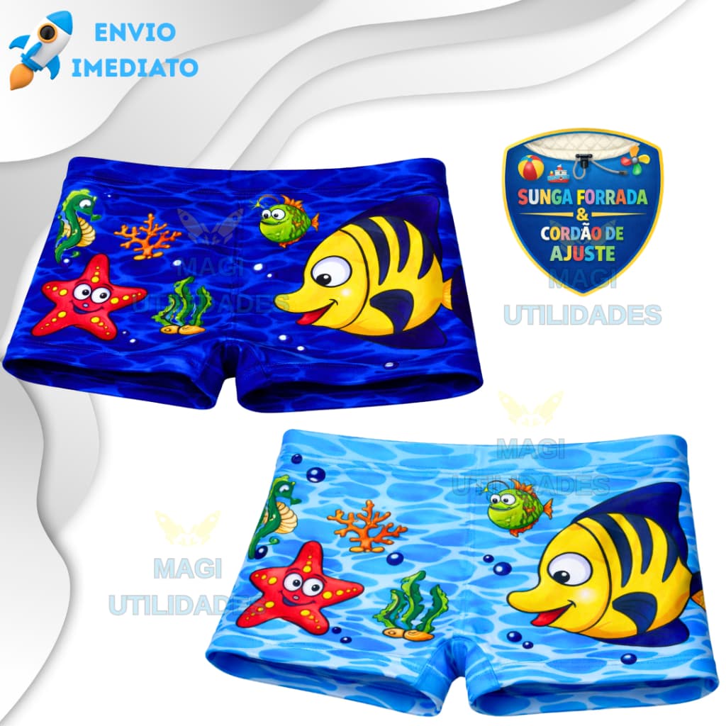 Sunga Infantil Box Com Estampas de Desenhos e Cadarço para Regular na Cintura Forro Interno