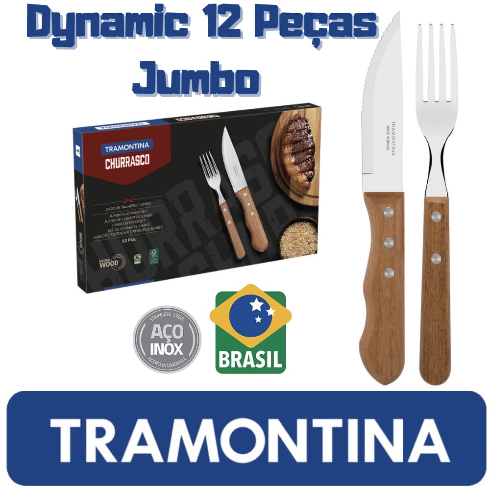 Jogo de Talher Tramontina Jumbo para Churrasco 12 Pcs Dynamic Aço Inox e Cabos de Madeira Natural