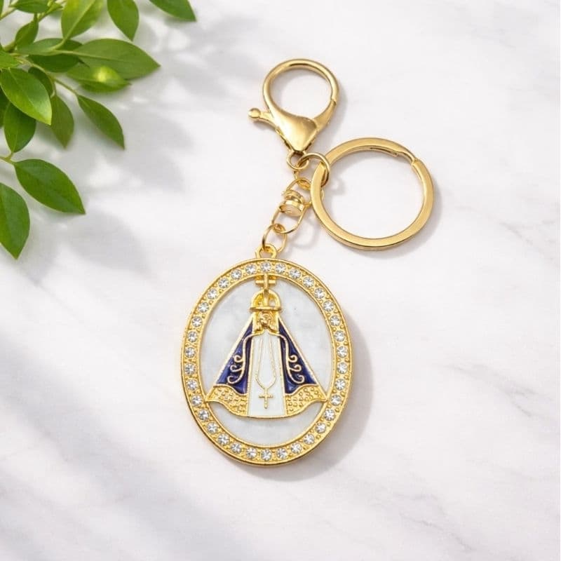 Chaveiro Nossa Senhora Aparecida Lembrancinha Dourado Luxo Strass E Resina Para Chaveiro Casa Carro Pingente Bolsa.
