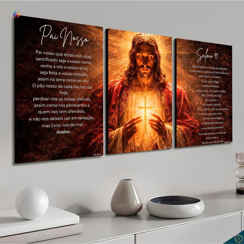 Quadro Decorativo Jesus Pai Nosso Salmo 91 3 Peças Sala Quarto Fé e Proteção Oração Quadros Religiosos luxo Mode