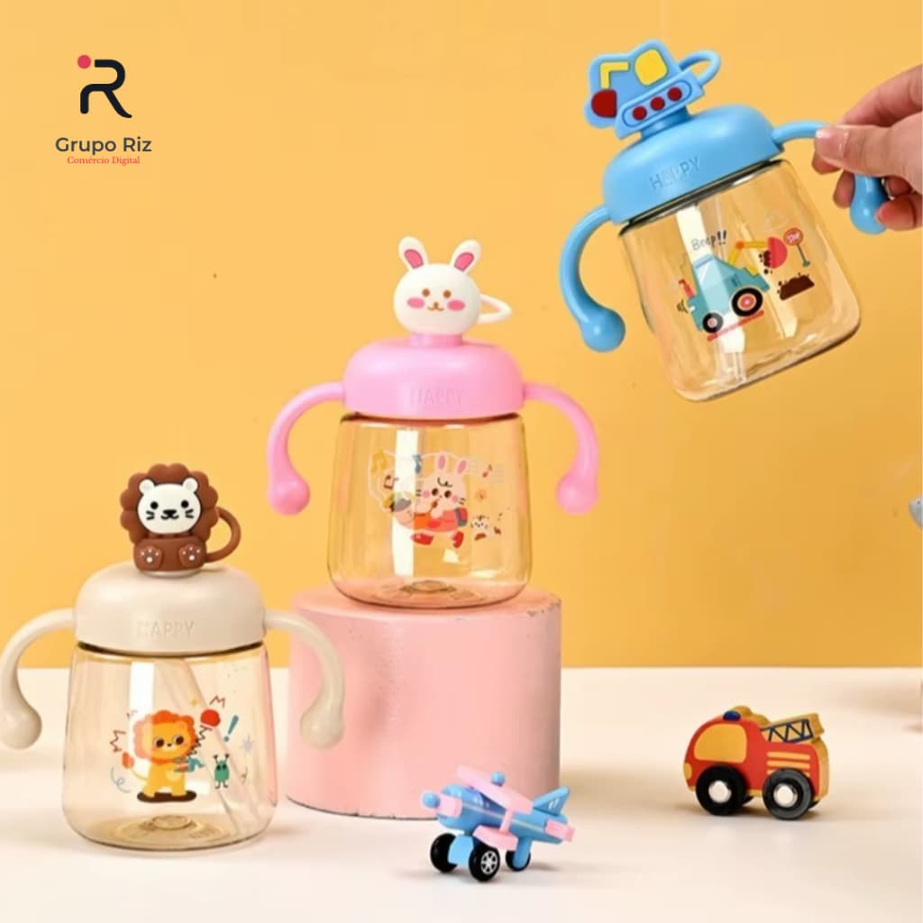 Copo Garrafa Infantil 350ml Antivazamento com Canudo Silicone e Alça | 3 Modelos