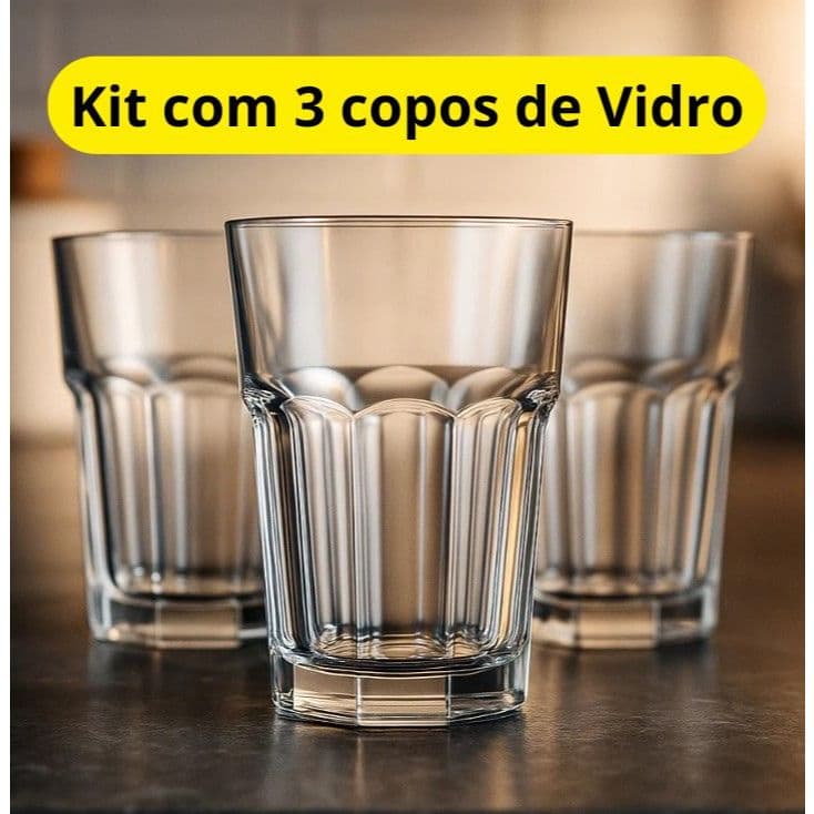 Kit 3 Copos de Vidro Trevi 350ml Jogo de Copos Água Suco Drinks Refrigerante Formato Anatômico