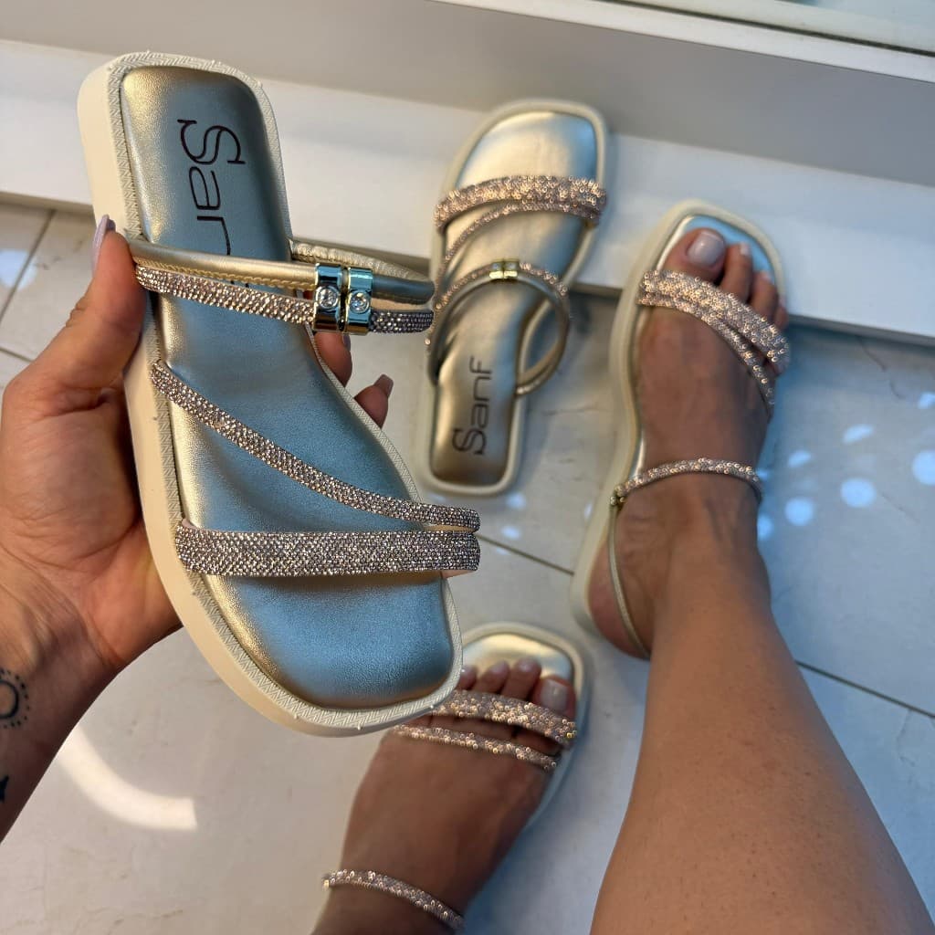 Papete Sanf Flat Confortável Macia Brilho Strass Elegante Flatform Rasteira Sandália Feminino Básica