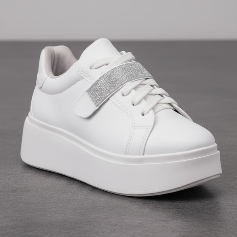 Tênis Feminino Casual Branco Plataforma Sola Alta com Tira de Stras Removível Original Conforto