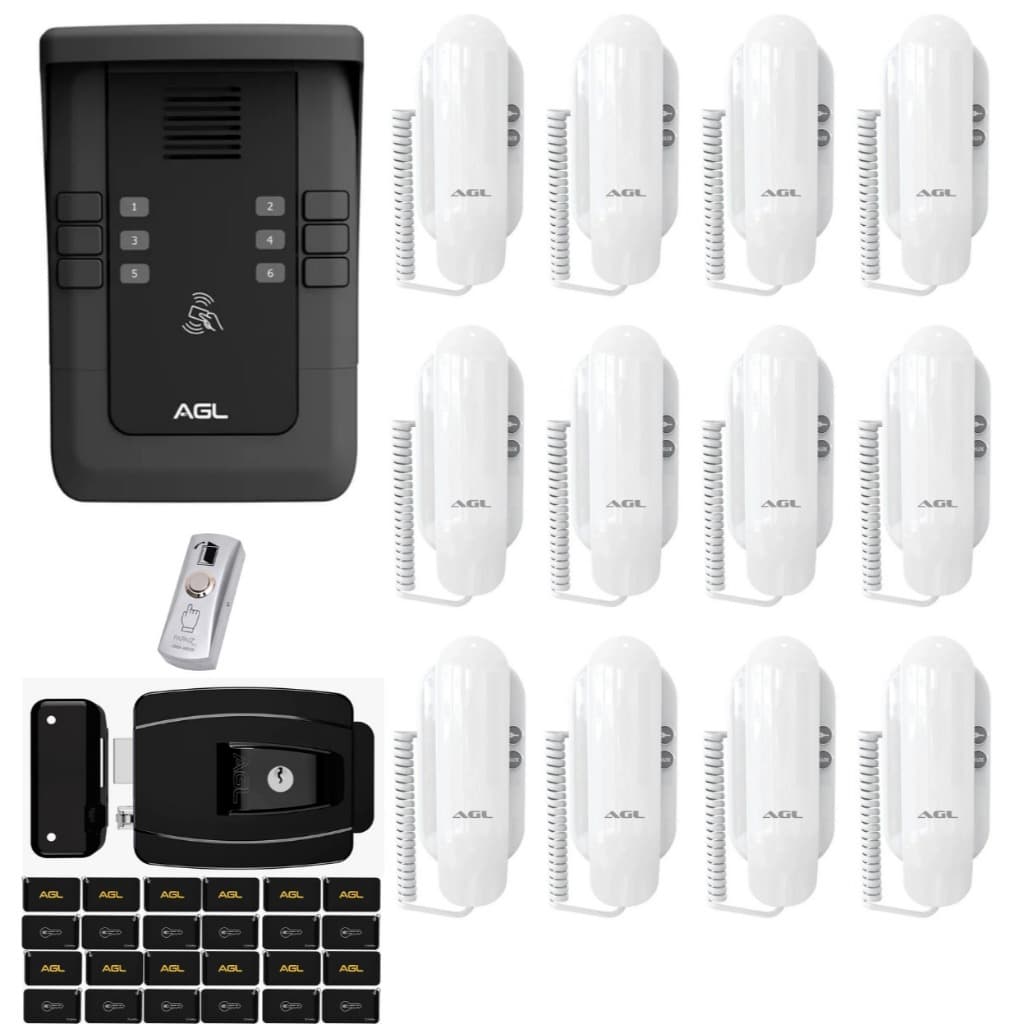 KIT PORTEIRO COLETIVO AGL S500 12 PONTOS BLUETOOTH+ 12 MONOFONES+ 24 TAG + FECHADURA + BOTOEIRA INOX