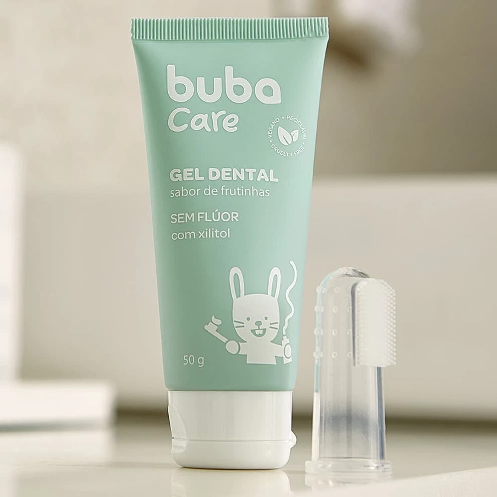 Gel Dental Infantil 50g Sem Flúor Sabor Frutinha + Escova Massageadora para Bebê Buba