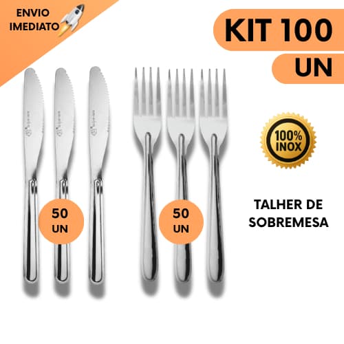Kit 100 Peças de Talheres De Sobremesa Garfo e Faca Aço Inox Resistente Reforçado Para Buffet Doces Restaurantes