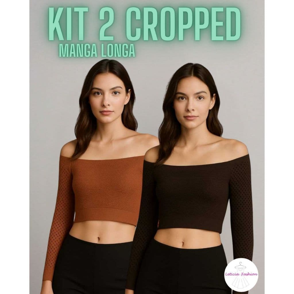 Kit 2 Cropped Feminino Tricot Ciganinha Ombro a Ombro Tricô Tomara Que Caia Manga Longa Canelado