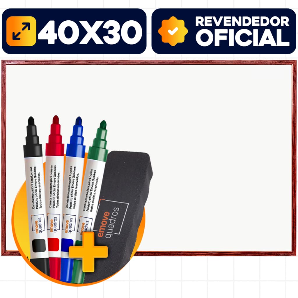 Quadro Branco Magnetico 40x30cm Moldura Mogno Lousa Escolar Stalo Kit 4 Canetas Apagador Ima