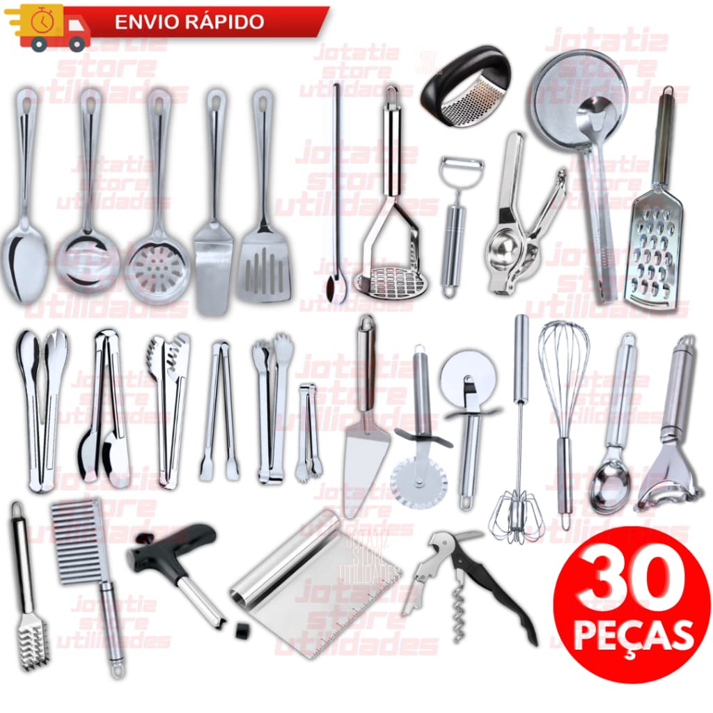30 / 07 Unidades De Utensílios De Cozinha Em Aço Inox Colher, Concha, Escumadeira, Pegador, Amassador De Batatas