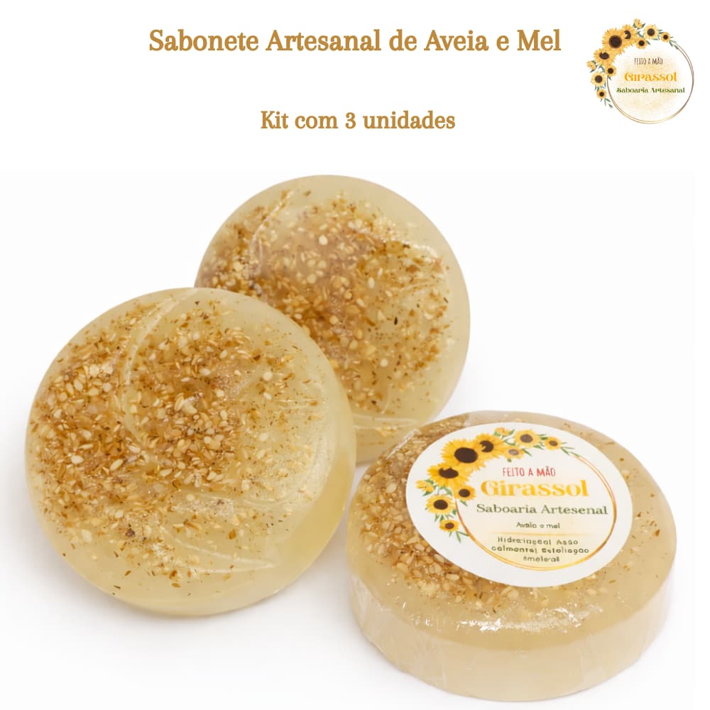 Kit 3 Sabonetes Artesanais de Aveia e Mel 60g | Pele Seca e Sensível | Girassol Saboaria Artesanal