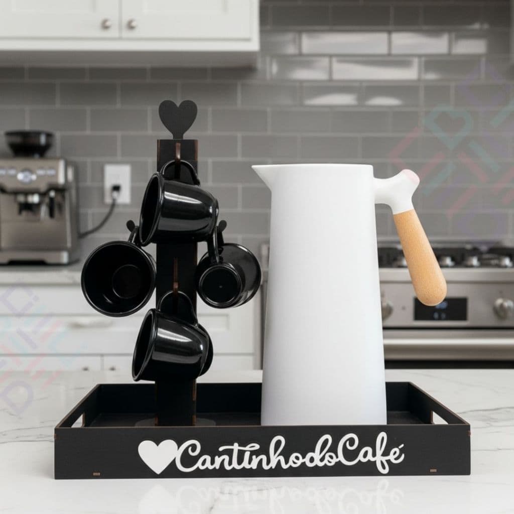 Organizador Café Bandeja MDF Porta Xícaras Kit Cantinho Do Café Com 6 Xícaras Decorativo