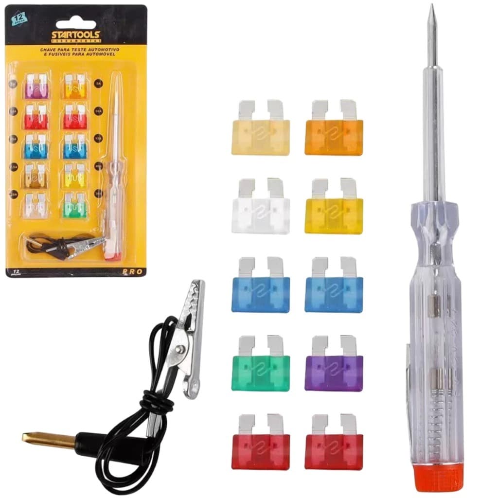 Kit Fusível Conjunto Automotivo Chave Teste Garra Jacaré com 10 Fusiveis Grande