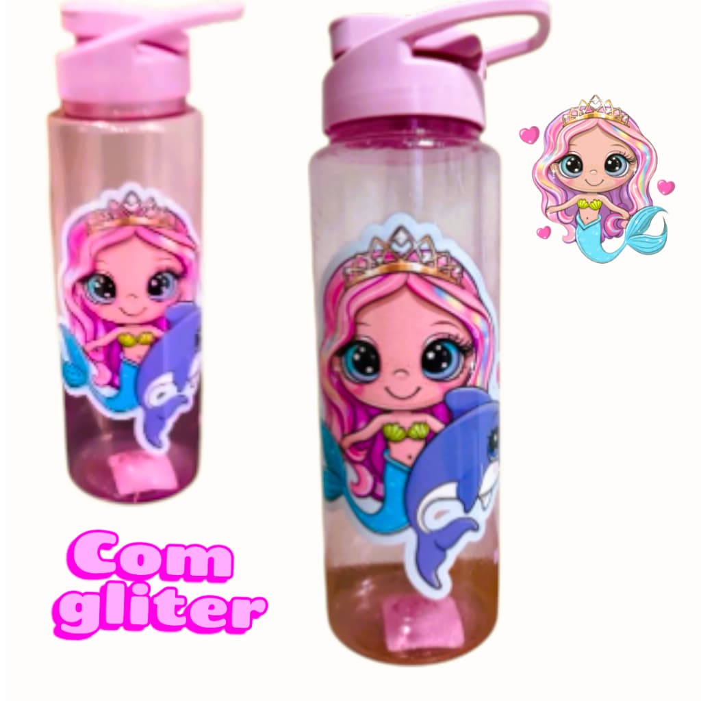 Garrafa Sereia infantil  Squeeze Garrafinha de Agua sereia Menina,  livre BPA Glitter  Rosa 750 Ml