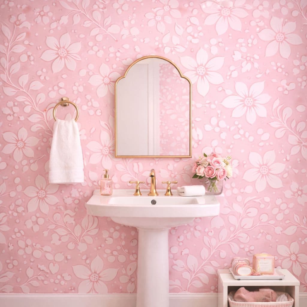 PAPEL DE PAREDE FLORAL 218 FUNDO ROSA AUTOCOLANTE P/QUARTOS SALA IMPERMEAVEL LAVAVEL 50CM DE LARG.