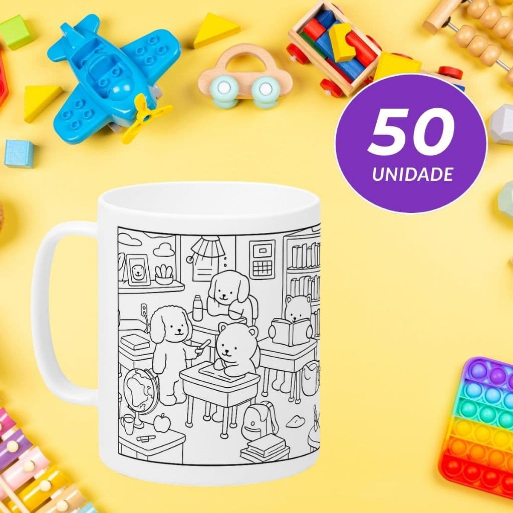 Kit Caneca Volta as Aulas para colorir pintar Caneca Infantil Pinta e Lava Reutilizável 400 ml plastica
