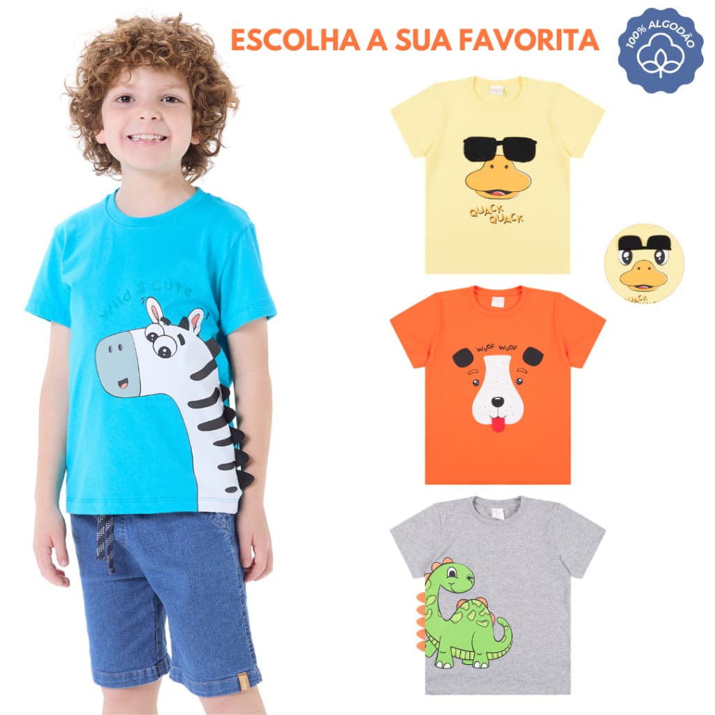 Kit 2 Camisetas Infantil Menino Interativo Manga Curta em Meia Malha 100% Algodão 2 ao 8 anos