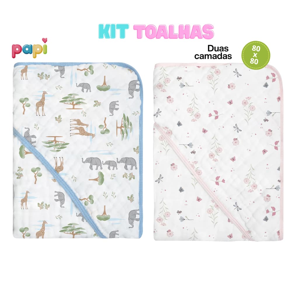 Kit Toalha de Banho Infantil Soft para Bebê 80 x 80 cm Com Capuz Duas Camadas Tecido de Fralda Menina Menino Unisex