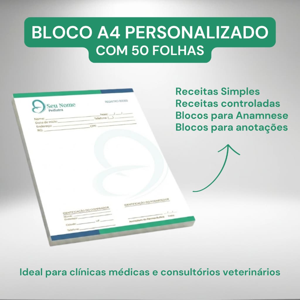 Bloco Personalizado A4 50 Folhas 21x29,7cm - Receituário, Anotações, Qualidade Profissional, 4, 8, 12, 16 e 20 unidades