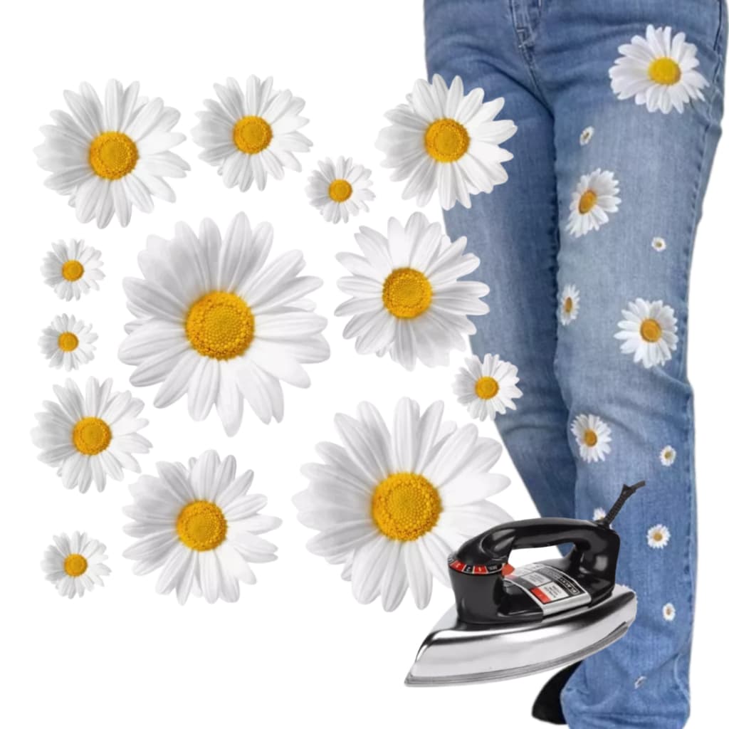 Adesivo Termocolante Margaridas Brancas DIY, Estampa FloresTecido, Roupa, Bolsa, Decoração Cole com Ferro