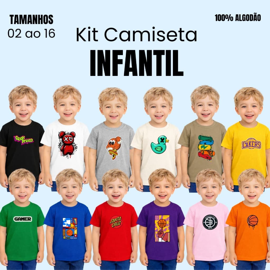 kit 5 Camisetas Juvenil Menino - Peças alta qualidade de Roupas - Promoção- Cores e estampas variadas sortidas