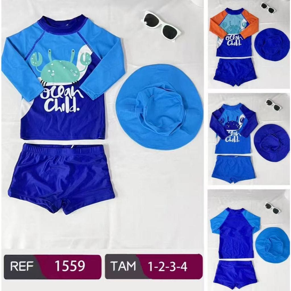 Crianças manga comprida sunproof swimwear terno com padrão de caranguejo + viseira- anti UV swimwear para meninos de 1-4