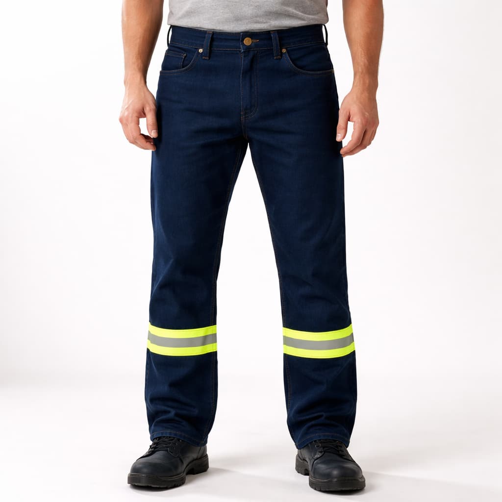 Calça Jeans Masculina Faixa Refletiva Uniforme Reforçado e Profissional Vigilante Operador Logístico