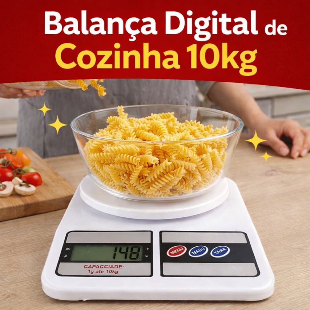 Balança Digital Cozinha até 10kg Precisão  Estilo Praticidade Receitas Cozinha Dieta Fitness Marmita
