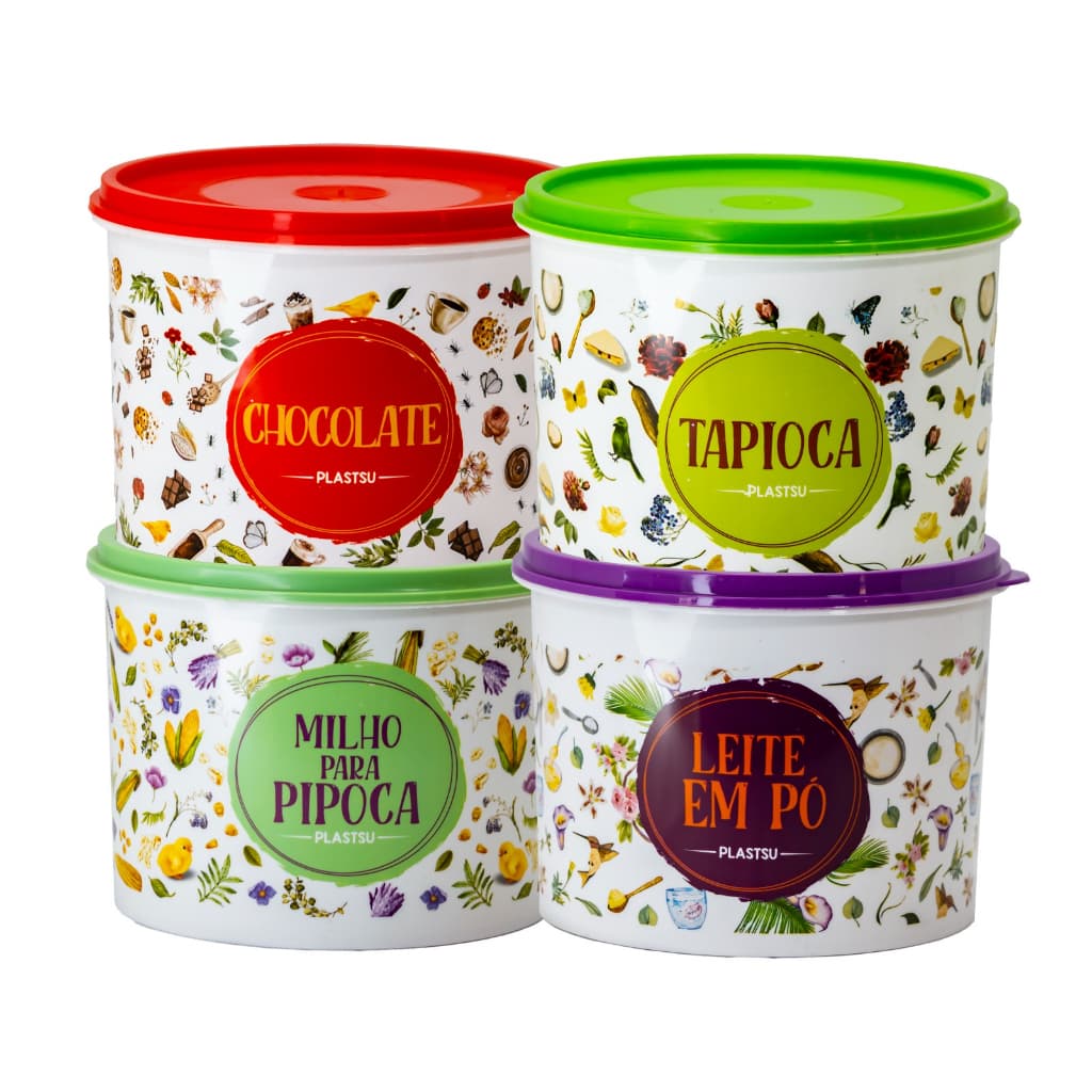 Kit 4 Potes Para Mantimentos Linha Decorada Floral Empilhável Decorativo