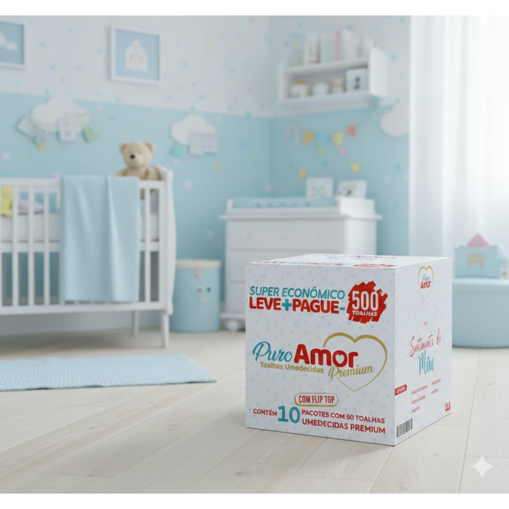 CAIXA COM 500 LENÇOS TOALHAS UMEDECIDAS PURO AMOR PREMIUM DE PACOTE 50 UNI COM FLIP-TOP