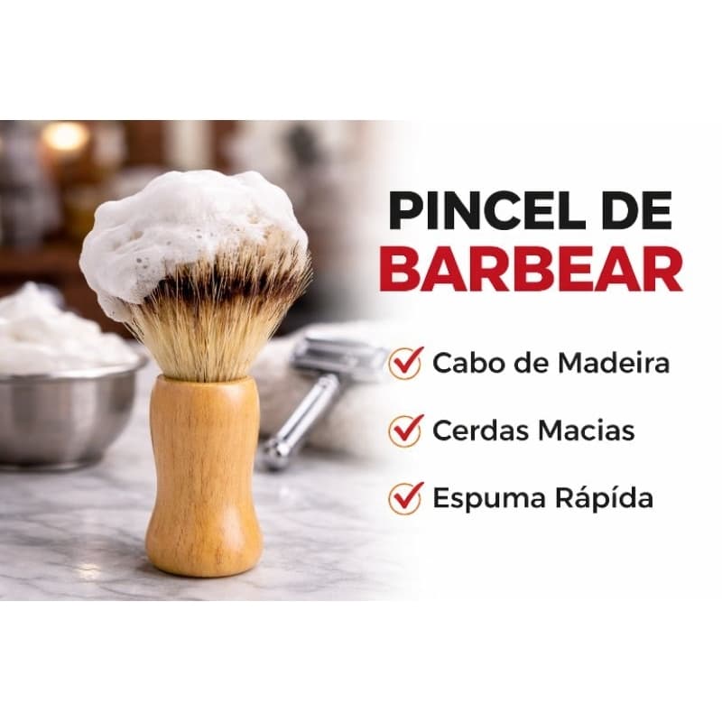 Pincel de Barbear Profissional – Cabo de Madeira – Cerdas Macias – Espuma Rápida