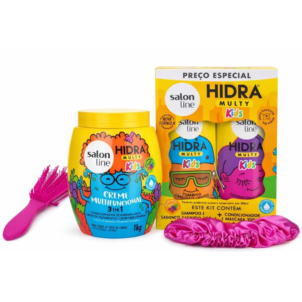 Kit Salon Line Hidra Multy Kids Completo 1kg + Escova Polvo + Touca de Cetim