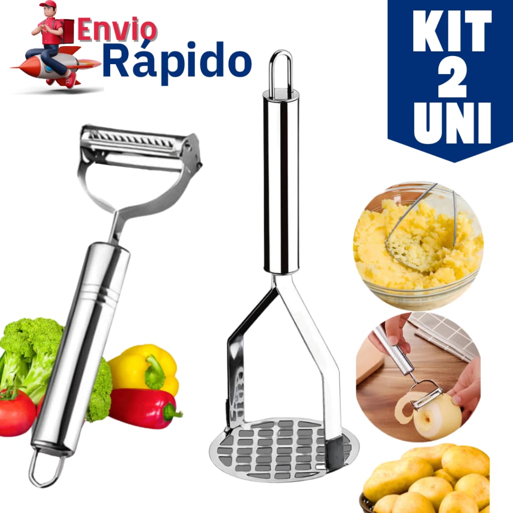 Kit 2 Utensilios ou 1 Amassador Espremedor de Batata Inox e Decascador Inox Frutas Legumes Linha Premium ENVIO IMEDIATO