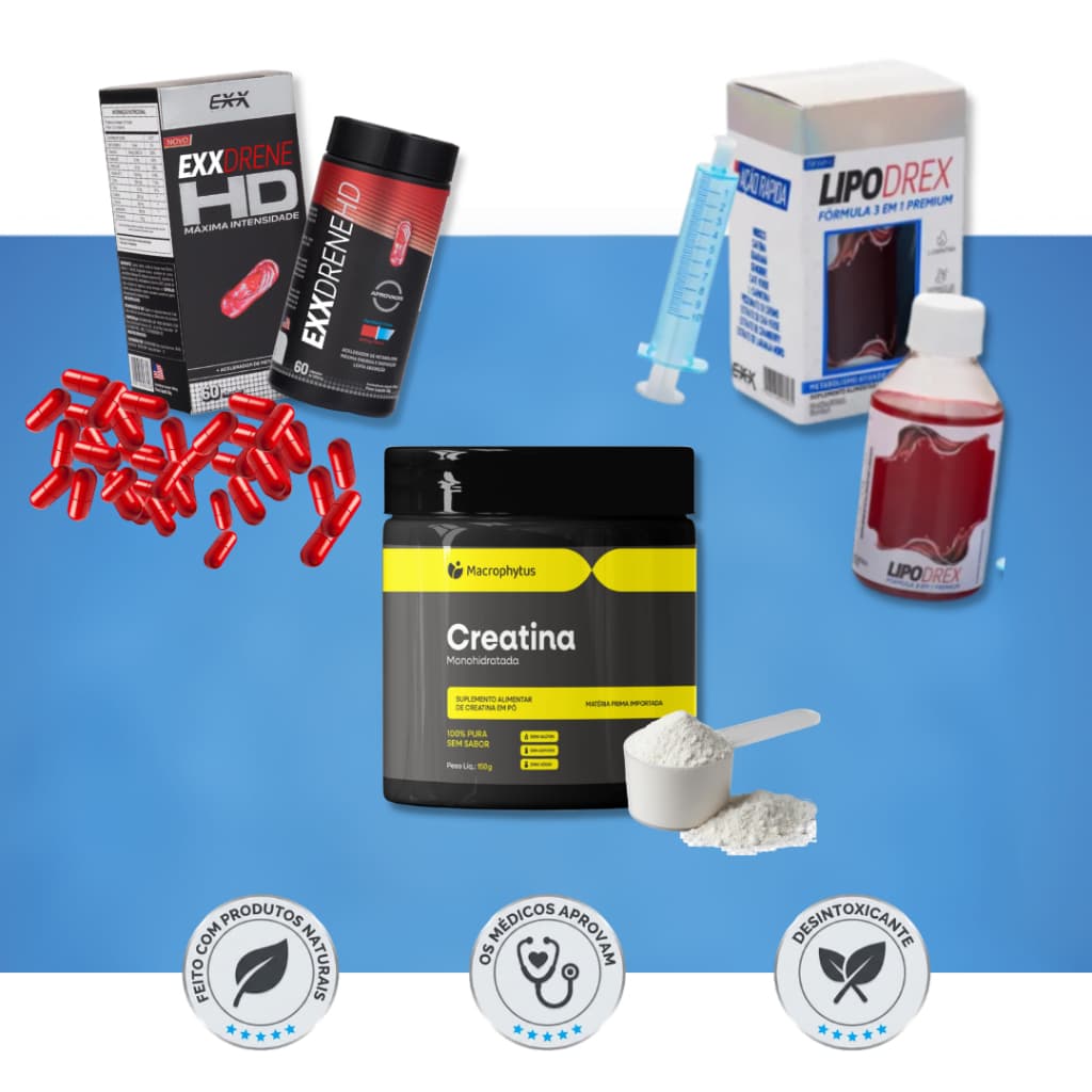 Kit Potência Extrema | Drenexx + ExxDrene HD + Creatina - Foco em Energia e Redução de Medidas
