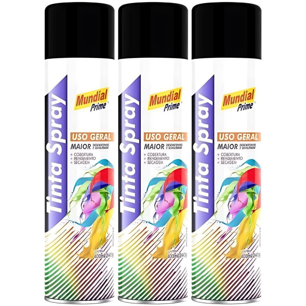 3 Tinta Spray 400ml Mundial Prime Preto Fosco Spray Uso Geral