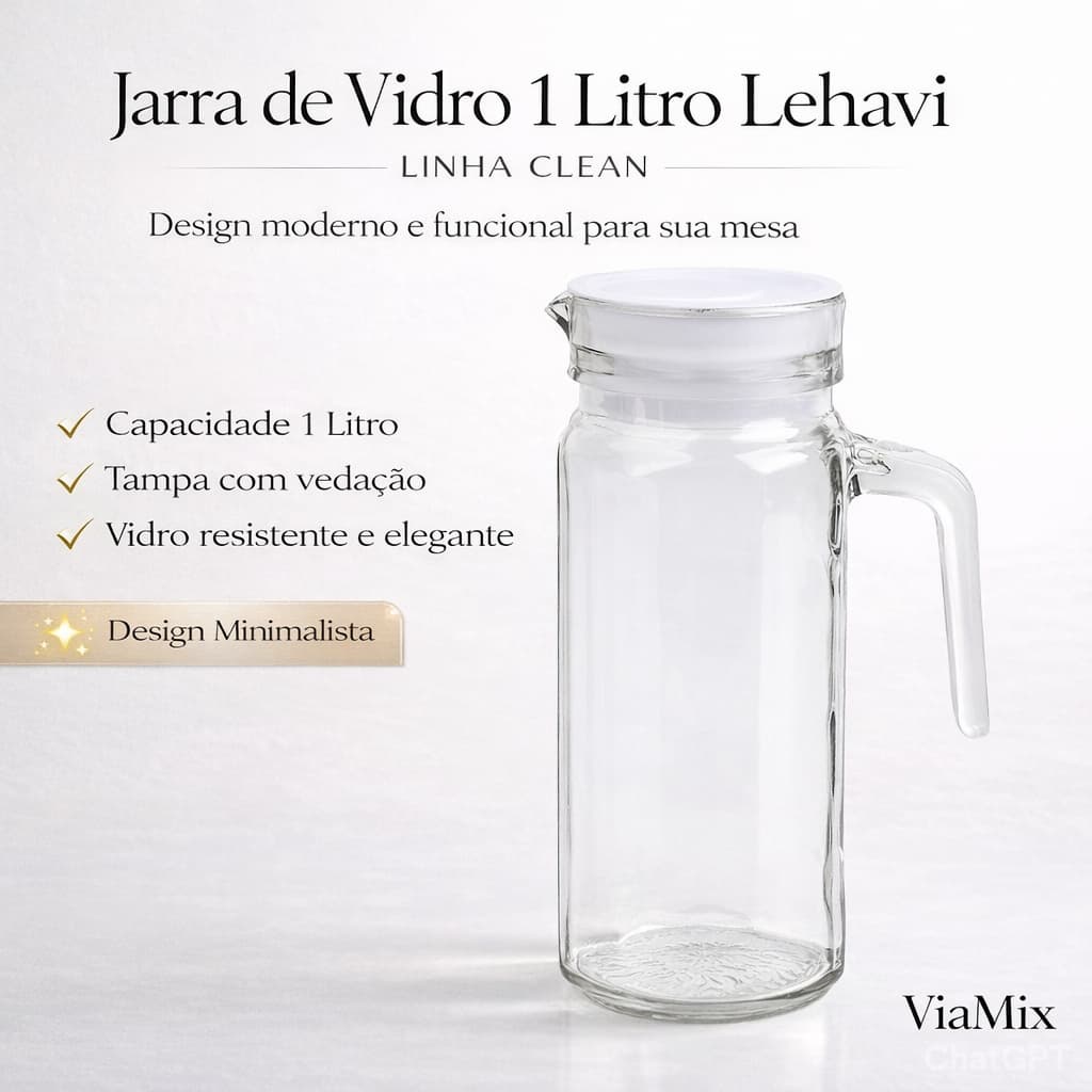 Jarra de Vidro 1 Litro Lehavi Clean com Tampa | Jarra Transparente para Suco Água Chás Bebidas | Design Moderno