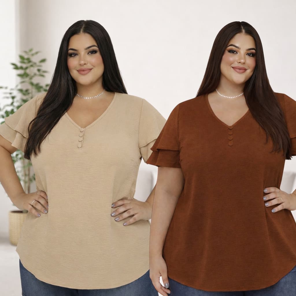 Blusa Plus Size Feminina Duna Babado Duplo Confortável Elegante GG G1 G2 G3 44 ao 54