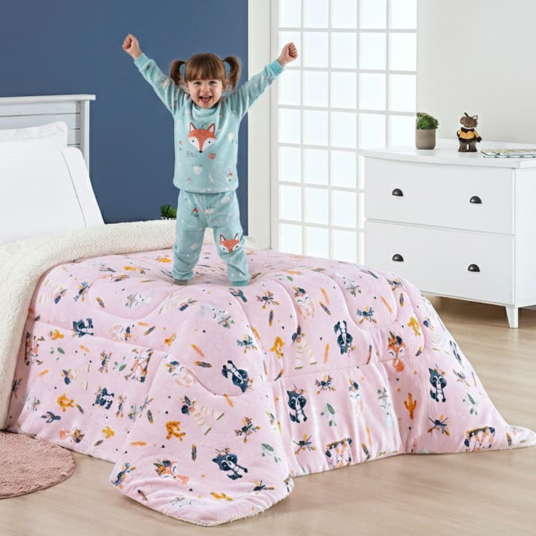Coberdrom Infantil Tutti Kids Cobertor e Edredon Dupla Face com Manta Flannel Macia e Sherpa Fofinha Tam Solteiro
