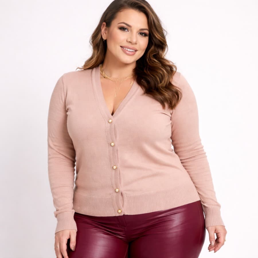 Blusa Feminina em Tricô Cardigan Plus Size com Botões de Pérola | Elegante - Casual - Inverno