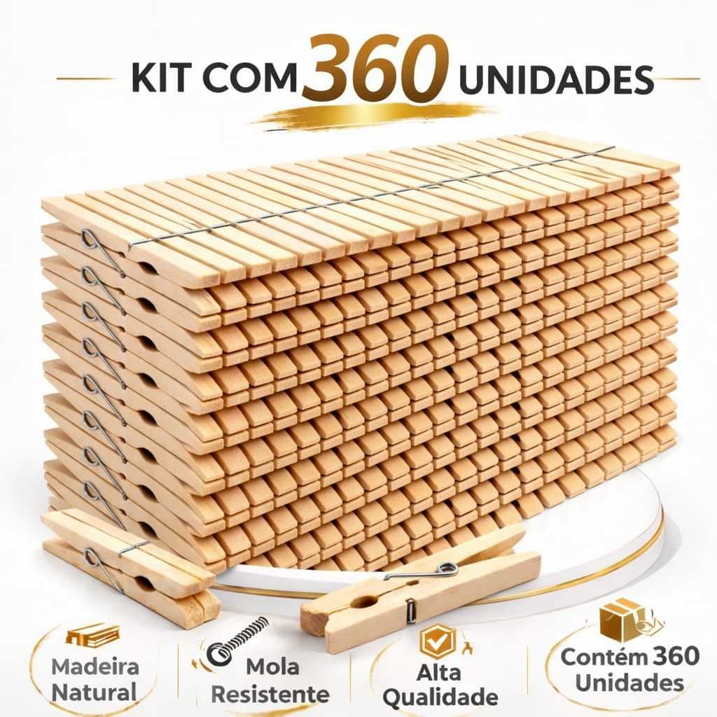 Prendedor de Roupa de Madeira Reforçados Kit com 360 Antideslizantes para Varal