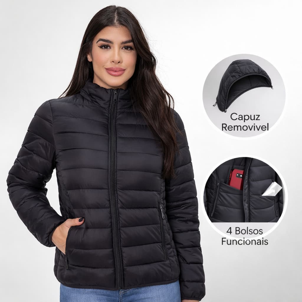 Jaqueta Casaco Bobojaco Puffer Capuz Removível Bolsos Internos Feminina