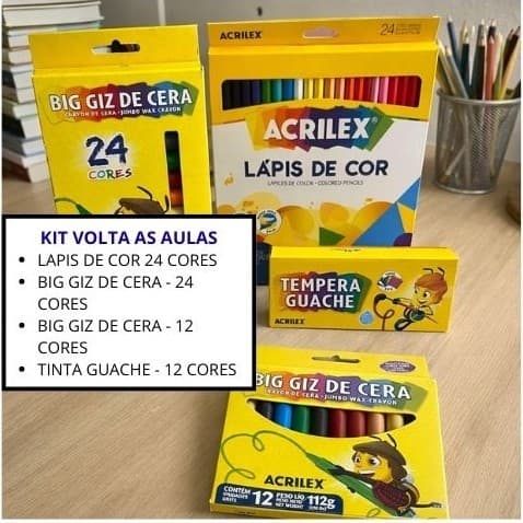 Kit Acrilex Lapis de Cor 24 cores + Big Giz 12 Cores + Tempera Guache 12 Cores + BIG Giz 24 Cores