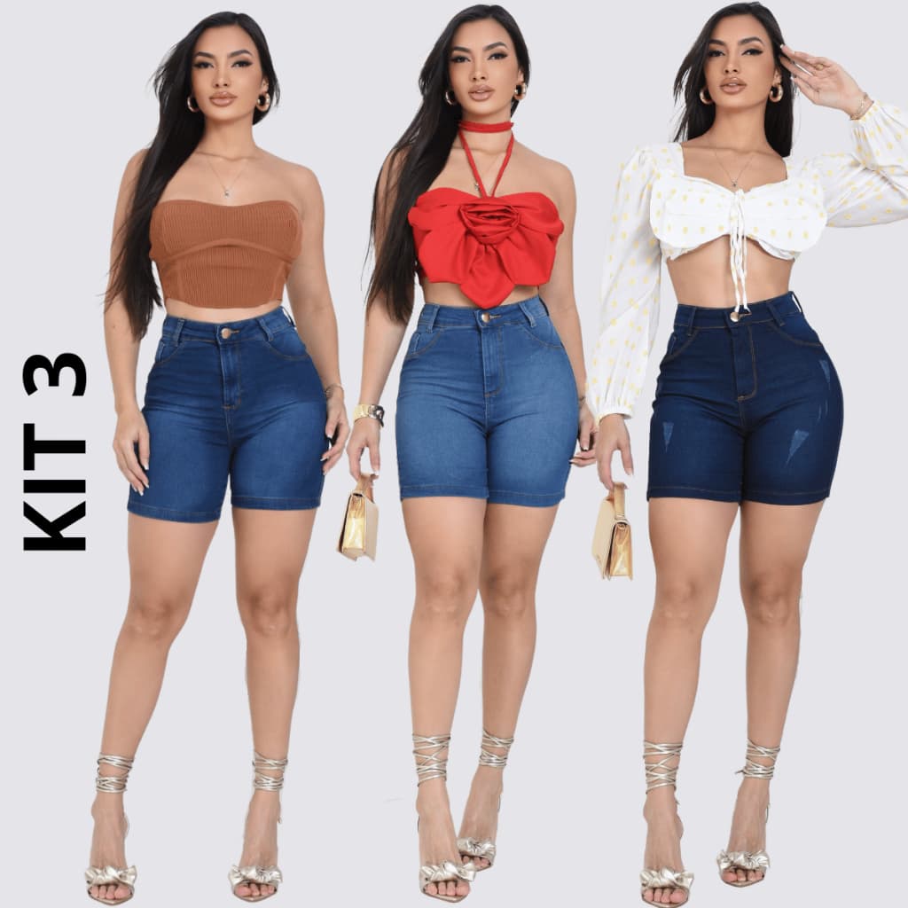 Bermuda Jeans Feminina Meia Coxa Cintura Alta Kit 3 Peças Lycra Modeladora