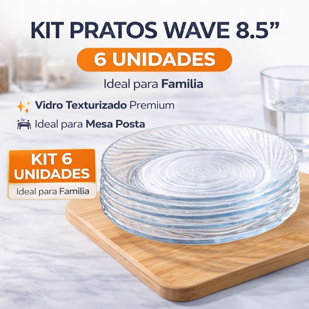 Kit Pratos de Vidro Transparente Wave 8.5 Texturizado Mesa Posta Conjunto com 3 6 ou 12 Unidades