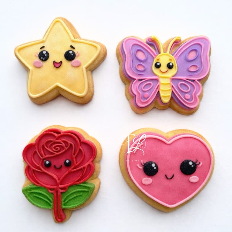 Cortador e Carimbo de Biscoito Fofos 8cm, 4 peças Artigo de Confeitaria, Coração, Estrela, Borboleta e Flor
